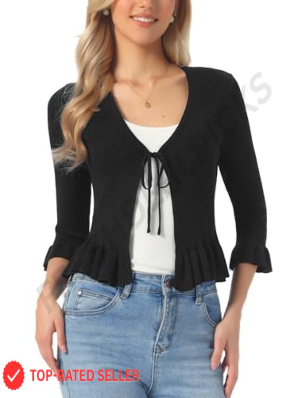 Womens Tie Front Shrug Ruffled Long Sleeve Rib Knit Open Front Crop Cardigan - Picture 1 of 4